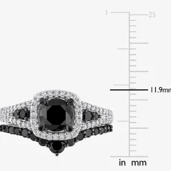 Womens 1 1/2 CT. T.W. Natural Black Diamond 10K Gold Cushion Side Stone Halo Bridal Set