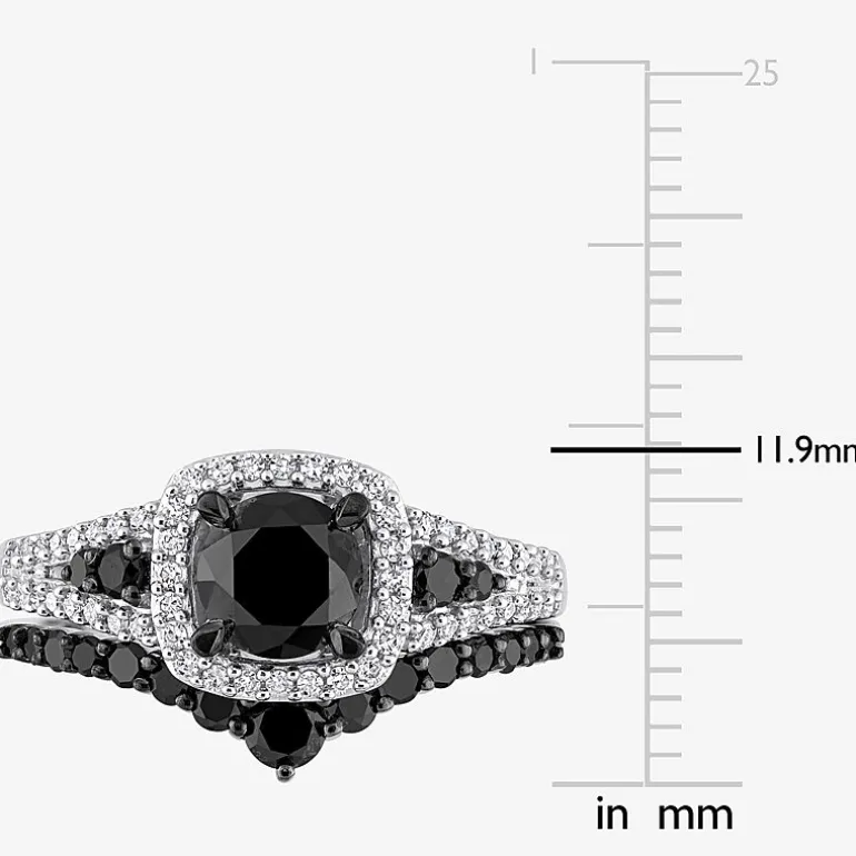 Womens 1 1/2 CT. T.W. Natural Black Diamond 10K Gold Cushion Side Stone Halo Bridal Set