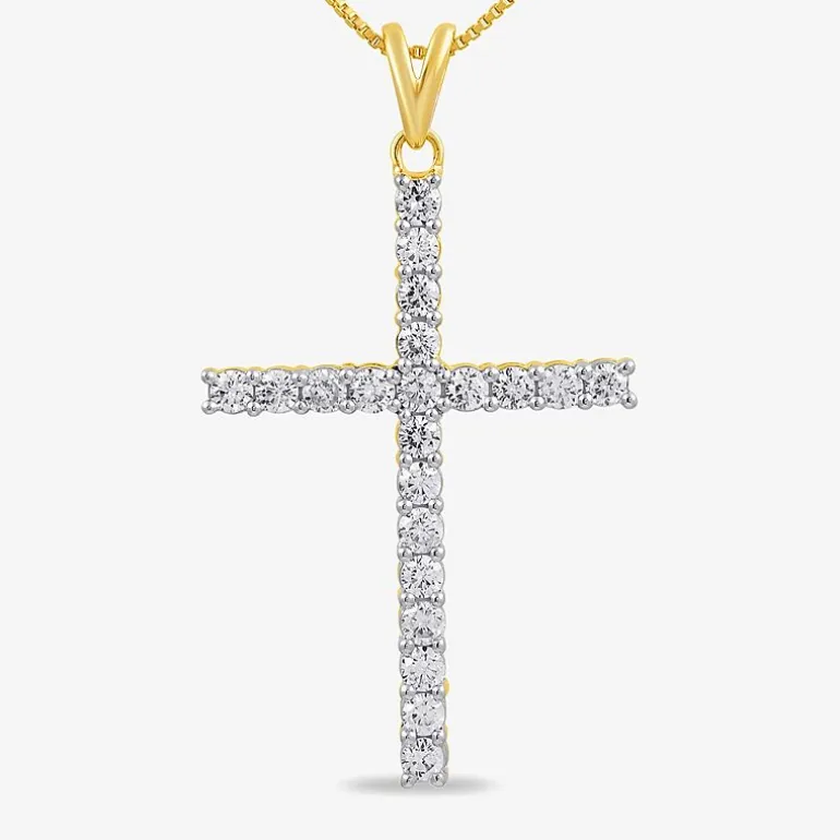 Womens 1 CT.T.W. Natural Diamond 14K Yellow Gold Cross Pendant Necklace