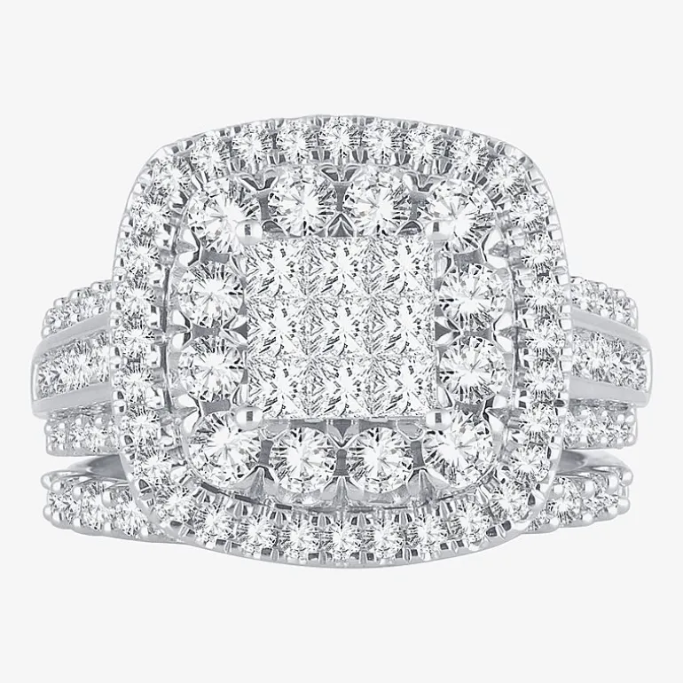Womens 2 CT.T.W. Natural Diamond 10K or 14K White Gold Cushion Halo Bridal Set