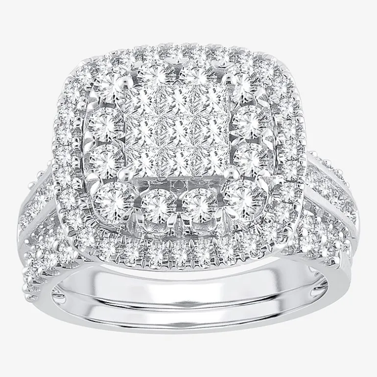 Womens 2 CT.T.W. Natural Diamond 10K or 14K White Gold Cushion Halo Bridal Set