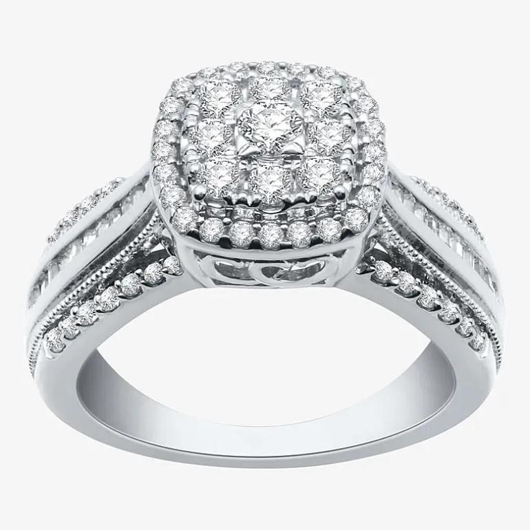 Womens 1 CT.T.W. Natural Diamond 10K Gold Cushion Side Stone Halo Engagement Ring
