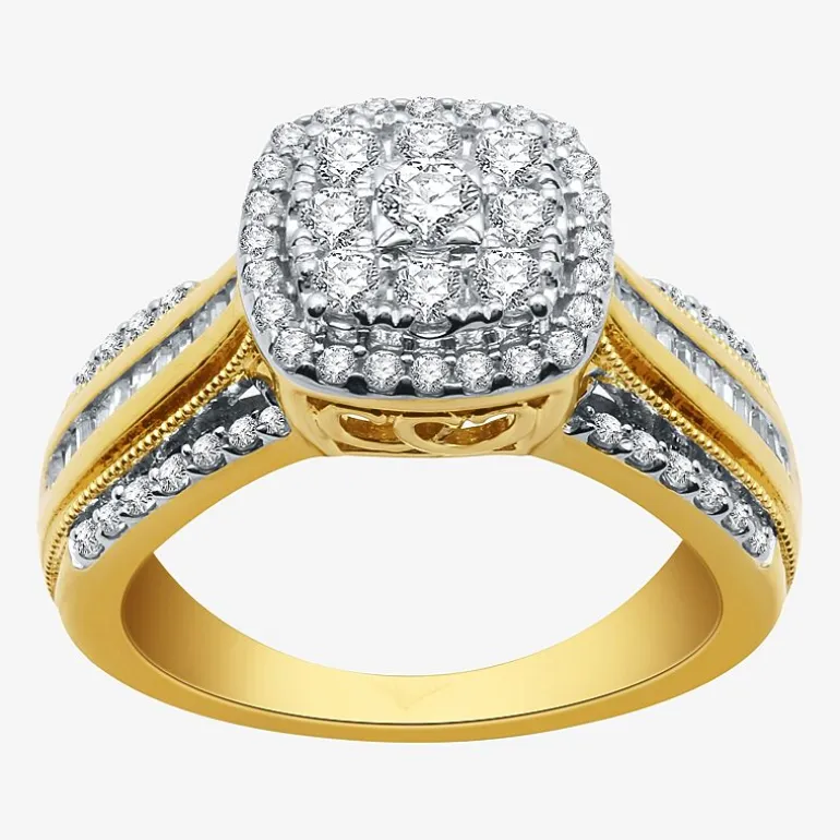 Womens 1 CT.T.W. Natural Diamond 10K Gold Cushion Side Stone Halo Engagement Ring