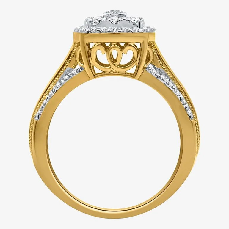 Womens 1 CT.T.W. Natural Diamond 10K Gold Cushion Side Stone Halo Engagement Ring