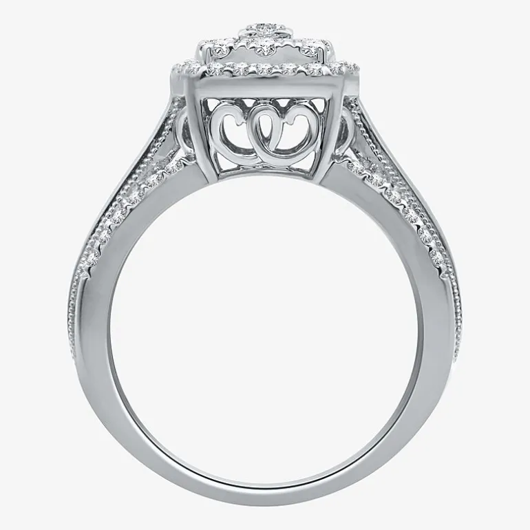 Womens 1 CT.T.W. Natural Diamond 10K Gold Cushion Side Stone Halo Engagement Ring
