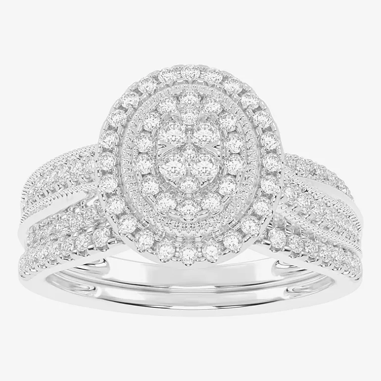 Womens 1/2 CT. T.W. Natural White Diamond 10K Gold Oval Side Stone Halo Bridal Set