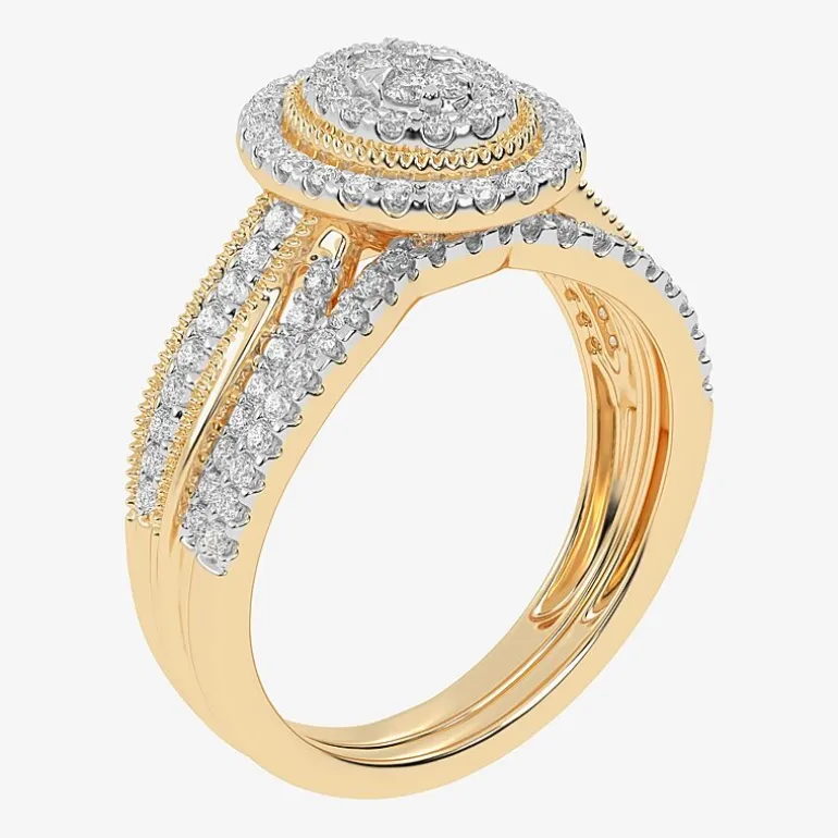 Womens 1/2 CT. T.W. Natural White Diamond 10K Gold Oval Side Stone Halo Bridal Set