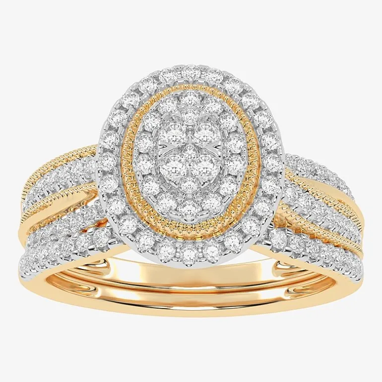 Womens 1/2 CT. T.W. Natural White Diamond 10K Gold Oval Side Stone Halo Bridal Set
