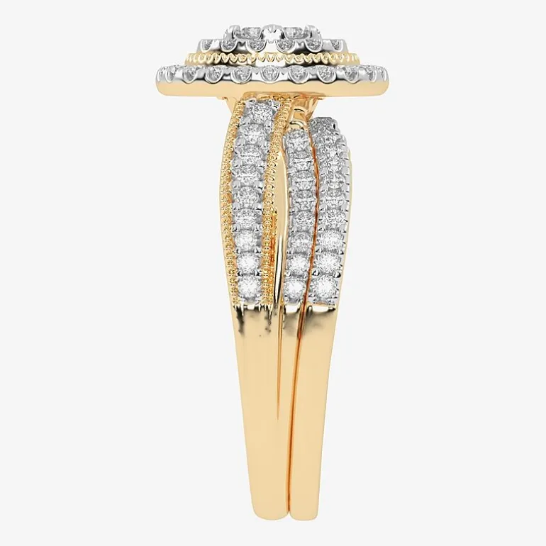Womens 1/2 CT. T.W. Natural White Diamond 10K Gold Oval Side Stone Halo Bridal Set
