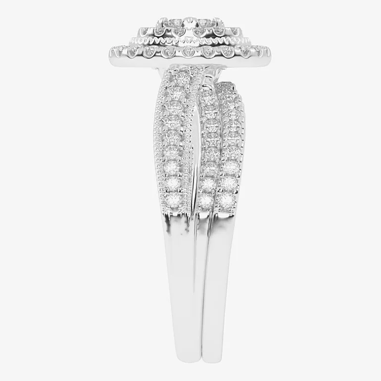 Womens 1/2 CT. T.W. Natural White Diamond 10K Gold Oval Side Stone Halo Bridal Set