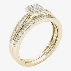 Womens 1/4 CT. T.W. Natural White Diamond 10K Gold Cushion Side Stone Halo Bridal Set