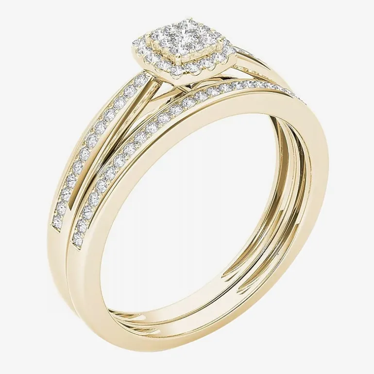 Womens 1/4 CT. T.W. Natural White Diamond 10K Gold Cushion Side Stone Halo Bridal Set