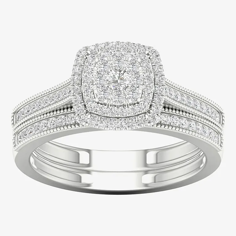 Womens 1/3 CT. T.W. Natural White Diamond 10K Gold Cushion Halo Bridal Set