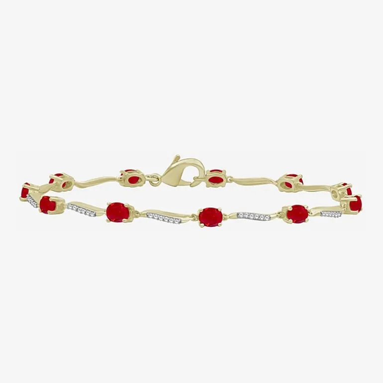 Womens Gemstone & 1/8 CT. T.W. Natural Diamond 10K Gold Oval 7.25 Inch Tennis Bracelet