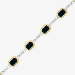 Womens Genuine Black Onyx 10K Gold Sterling Silver Tennis Bracelet