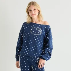 Womens Juniors Asymmetrical Neck Long Sleeve Hello Kitty Sweatshirt
