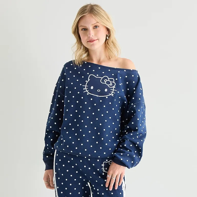Womens Juniors Asymmetrical Neck Long Sleeve Hello Kitty Sweatshirt