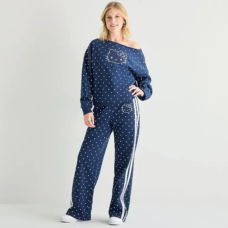 Womens Juniors Asymmetrical Neck Long Sleeve Hello Kitty Sweatshirt