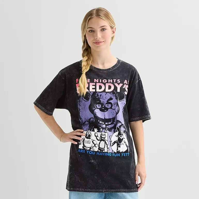 Womens Juniors Crew Neck Elbow Sleeve Oversized Five Nights at Freddys Graphic T-Shirt