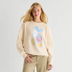 Womens Juniors Crew Neck Long Sleeve Embroidered Mickey Mouse Sweatshirt