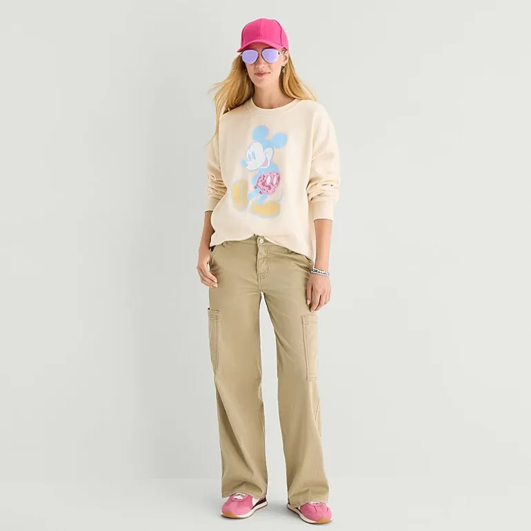 Womens Juniors Crew Neck Long Sleeve Embroidered Mickey Mouse Sweatshirt