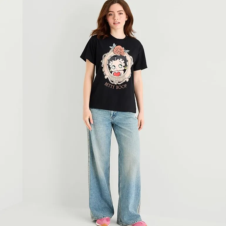 Womens Juniors Crew Neck Short Sleeve Loose Fit Betty Boop Graphic T-Shirt