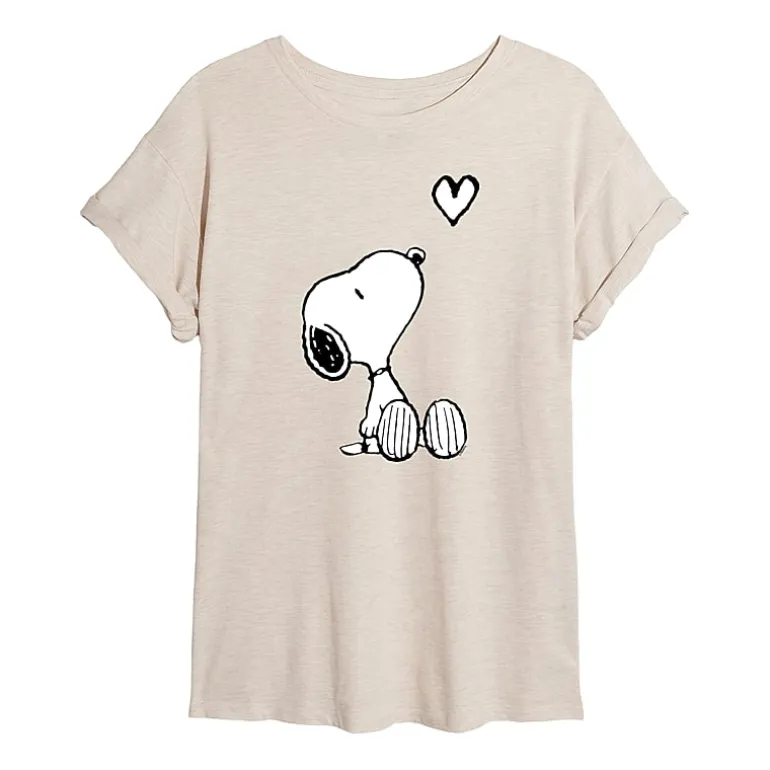 Womens Juniors Crew Neck Short Sleeve Oversized Peanuts Snoopy Graphic T-Shirt