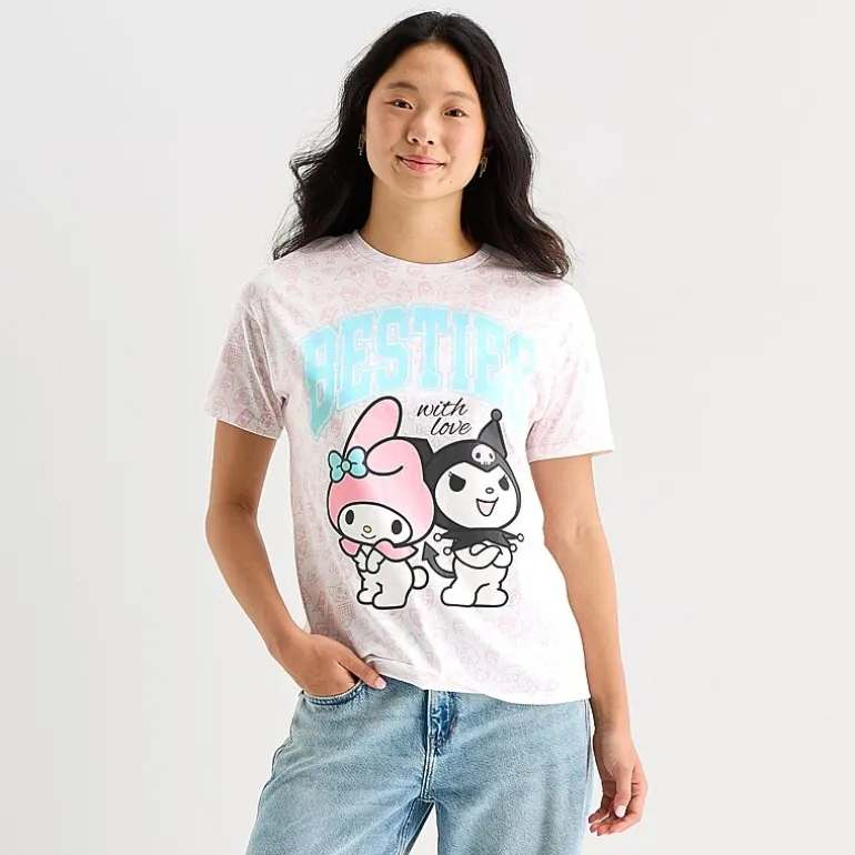Womens Juniors Crew Neck Short Sleeve Regular Fit Kuromi My Melody Graphic T-Shirt