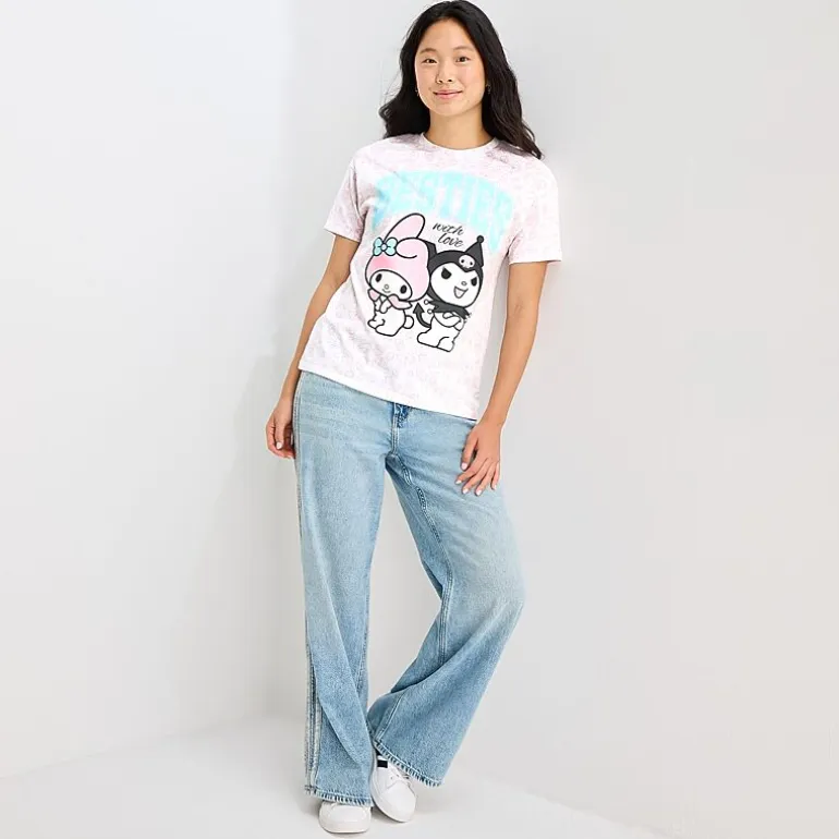 Womens Juniors Crew Neck Short Sleeve Regular Fit Kuromi My Melody Graphic T-Shirt