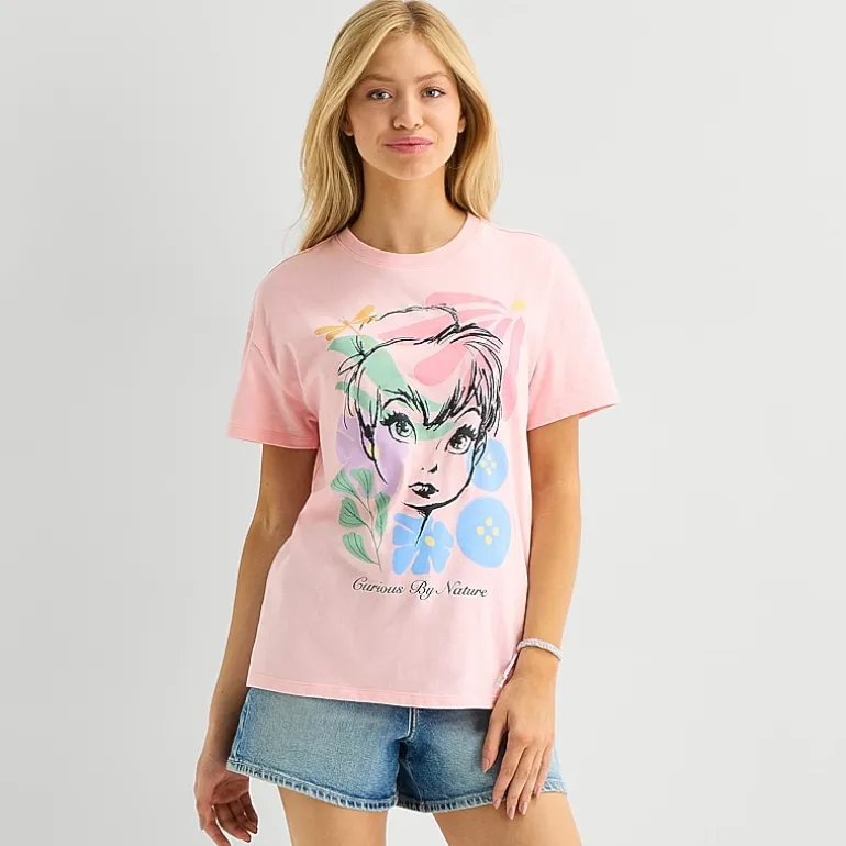 Womens Juniors Crew Neck Short Sleeve Loose Fit Tinker Bell Graphic T-Shirt