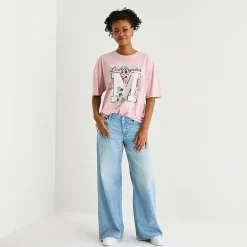 Womens Juniors Crew Neck Short Sleeve Oversized Mickey Mouse Graphic T-Shirt