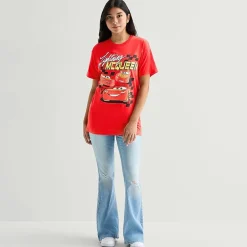 Womens Juniors Crew Neck Short Sleeve Oversized Cars Graphic T-Shirt
