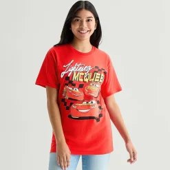 Womens Juniors Crew Neck Short Sleeve Oversized Cars Graphic T-Shirt