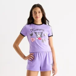 Womens Juniors Crew Neck Short Sleeve Fitted Kuromi Graphic T-Shirt
