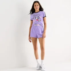 Womens Juniors Crew Neck Short Sleeve Fitted Kuromi Graphic T-Shirt
