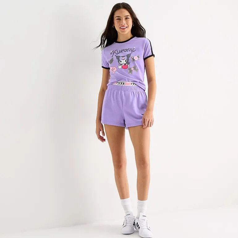Womens Juniors Crew Neck Short Sleeve Fitted Kuromi Graphic T-Shirt