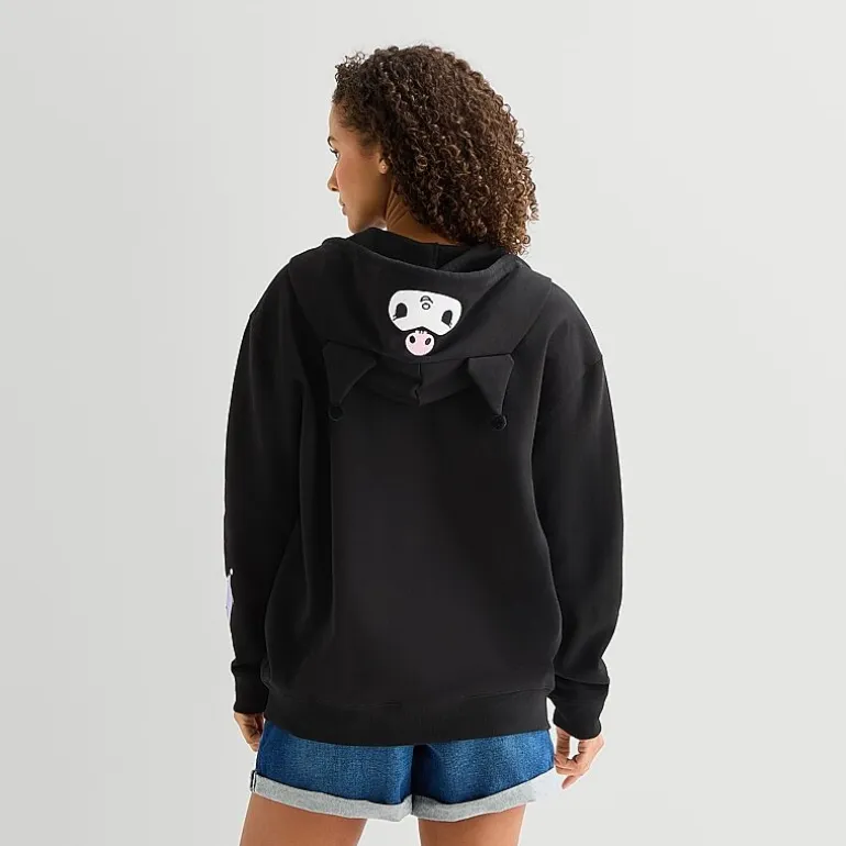 Womens Juniors Long Sleeve Kuromi Fleece Zipper Hoodie