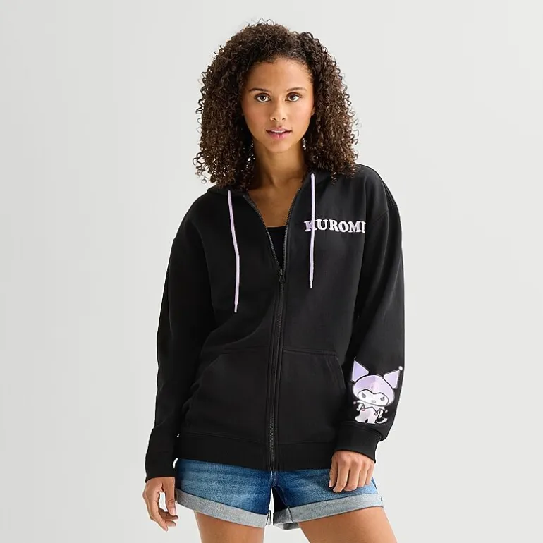 Womens Juniors Long Sleeve Kuromi Fleece Zipper Hoodie