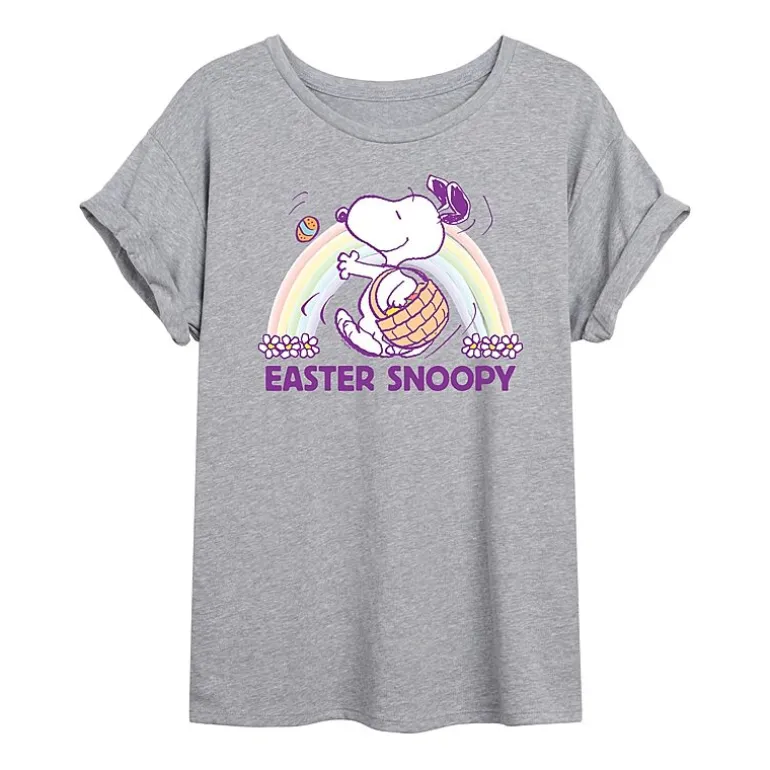 Womens Juniors Scoop Neck Short Sleeve Oversized Peanuts Snoopy Graphic T-Shirt