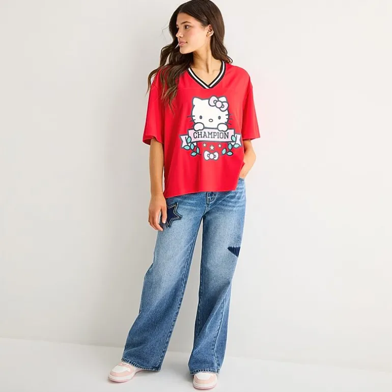 Womens Juniors V Neck Short Sleeve Hello Kitty Jersey