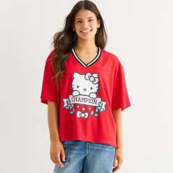 Womens Juniors V Neck Short Sleeve Hello Kitty Jersey