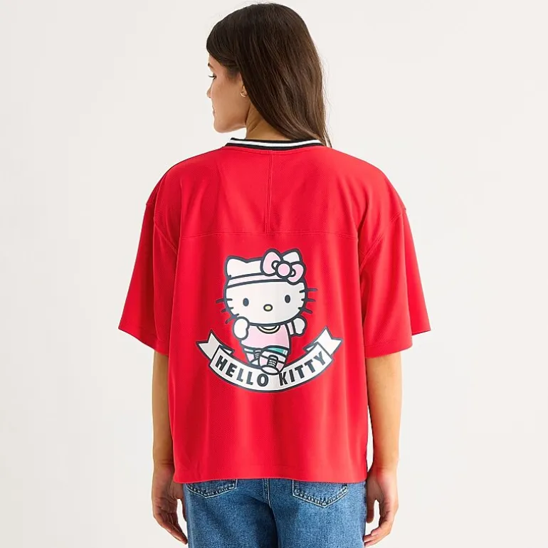 Womens Juniors V Neck Short Sleeve Hello Kitty Jersey