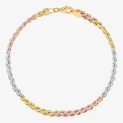 Womens 10K Tri-Color Gold 7.5 Inch Hollow Rope Butterfly Chain Bracelet