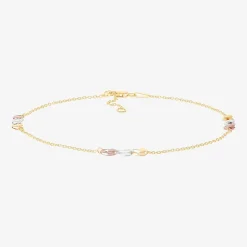 Womens 10K Tri-Color Gold 10 Inch Hollow Cable Ankle Bracelet