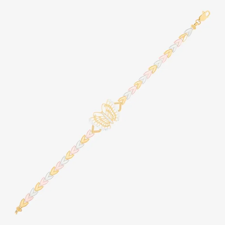 Womens 14K Tri-Color Gold Solid Butterfly 7.5 Inch Link Bracelet