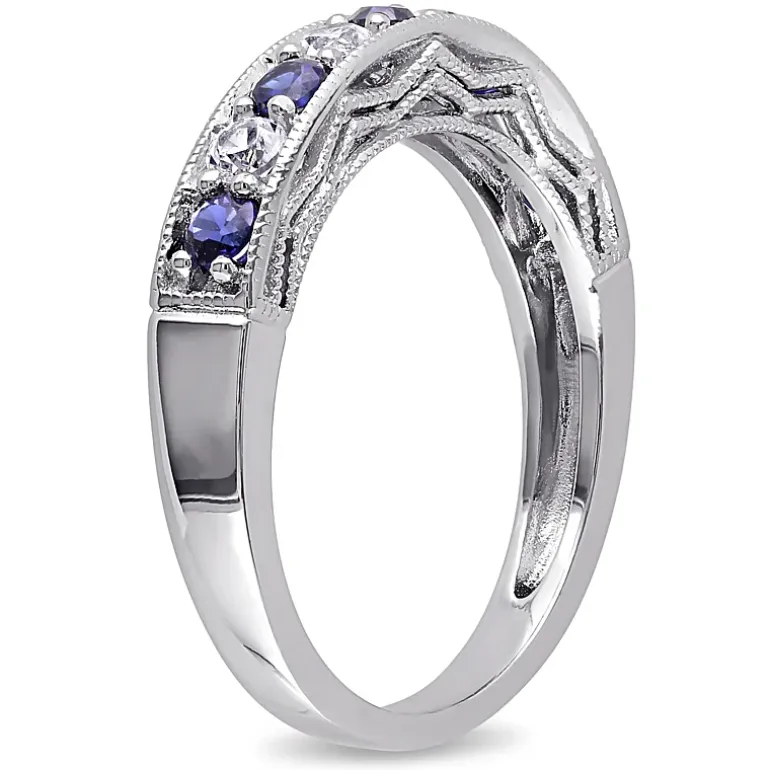 Womens 2MM Lab Created Blue Sapphire Sterling Silver Wedding Band
