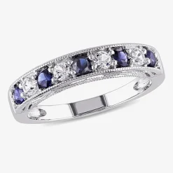Womens 2MM Lab Created Blue Sapphire Sterling Silver Wedding Band