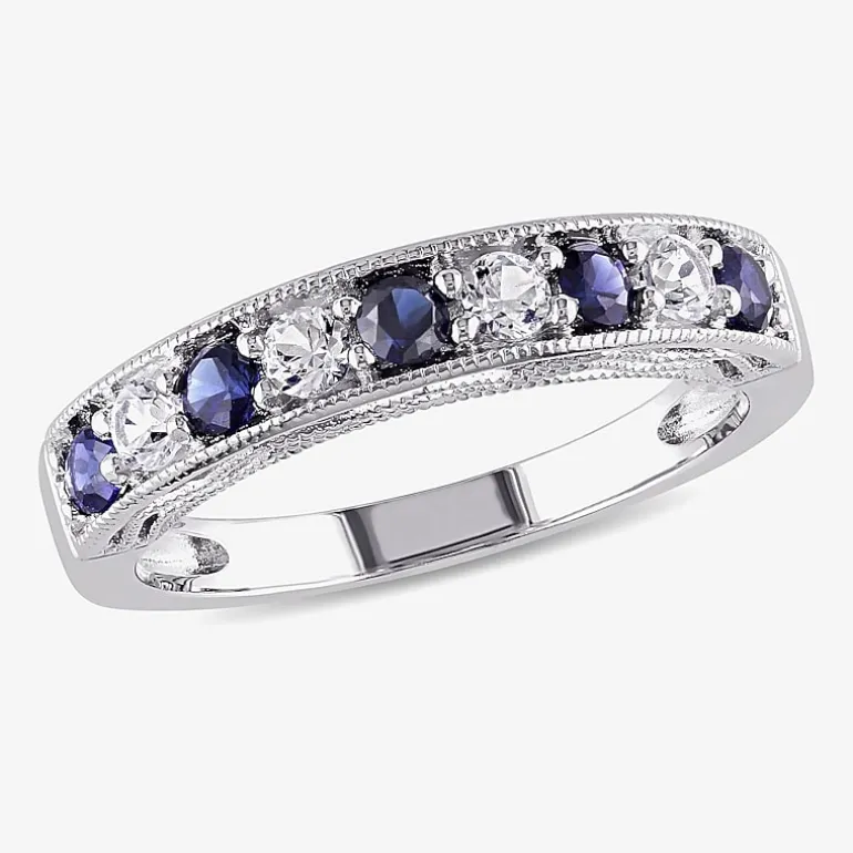 Womens 2MM Lab Created Blue Sapphire Sterling Silver Wedding Band