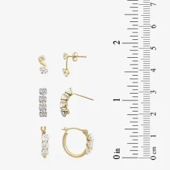 Womens 3 Pair Cubic Zirconia 14K Gold Earring Set