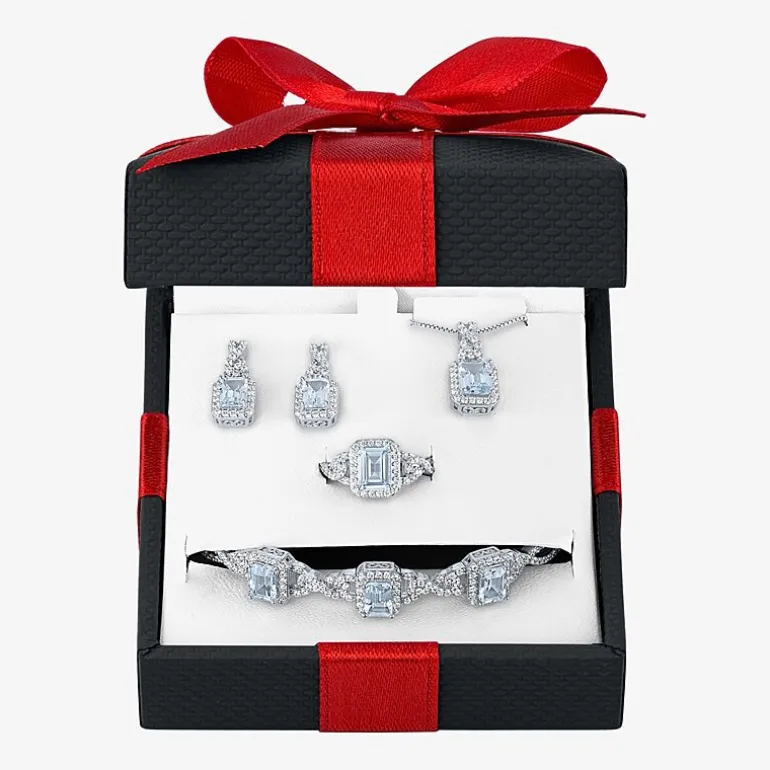 Womens 4-pc. Simulated Aquamarine & Cubic Zirconia Silver Over Brass Jewelry Set